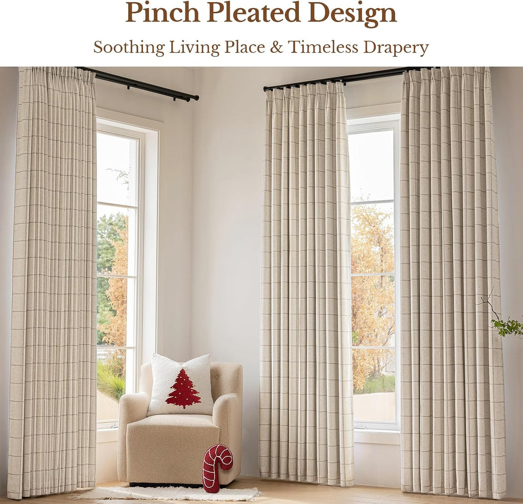 THREE GIRLS Plaid Pinch Pleated Curtains - Modern Luxury Linen Buffalo Blackout Drapes, Thermal Insulated Double Layer Window Panels for Living Room Bedroom, 120 Inches Long Brown 2 Panels Set