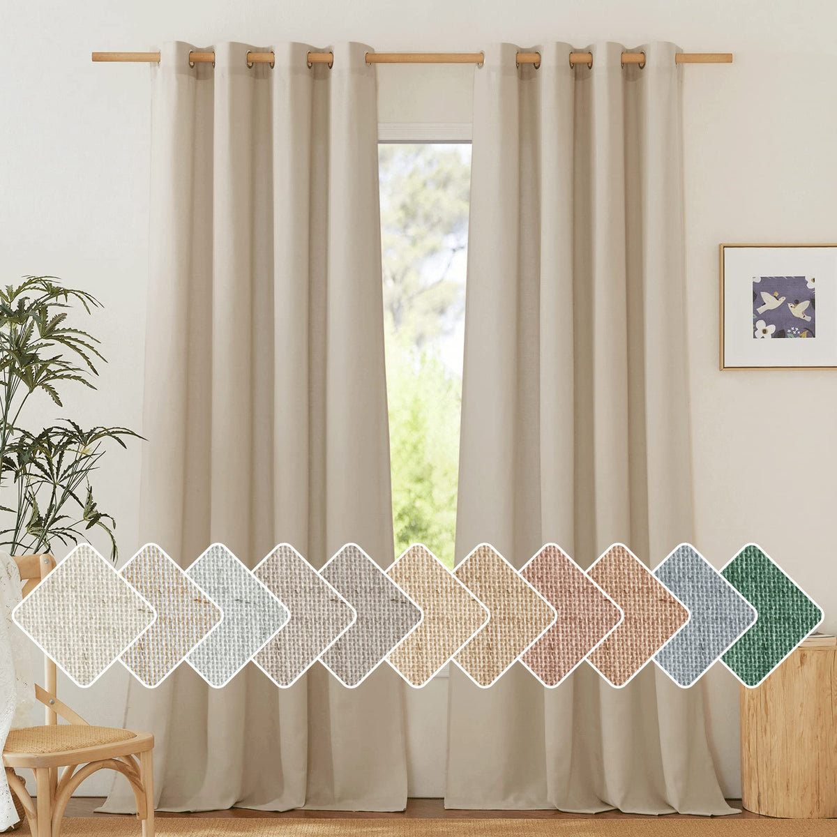 NICETOWN Natural Linen Curtains 84 inch Long 2 Panels Set, Grommet Top Thick Linen Burlap Semi Sheer Vertical Drapes Privacy Assured with Light Filtering for Bedroom/Living Room, W55 x L84