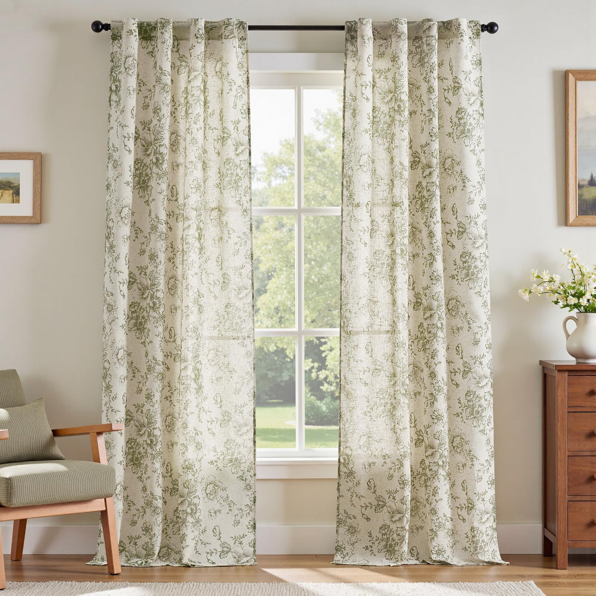 jinchan Vintage Floral Linen Curtains 84 Long for Living Room 2 Panels
