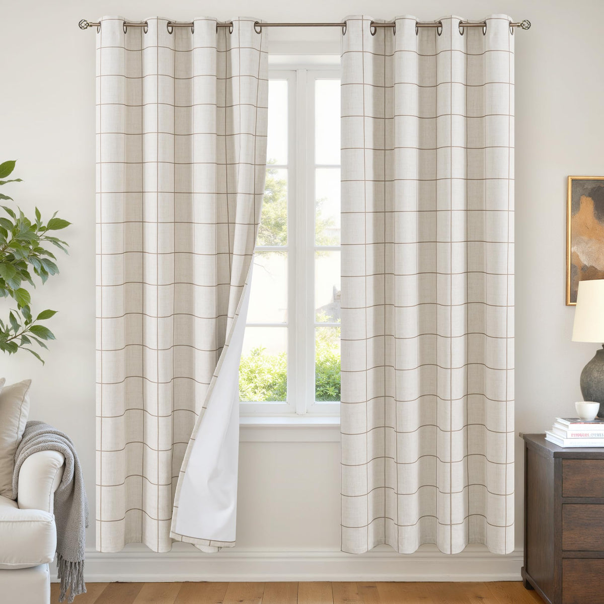 Lajode Linen Blackout Curtains - Boho Plaid 52x84 Inch 2 Panels, Natural