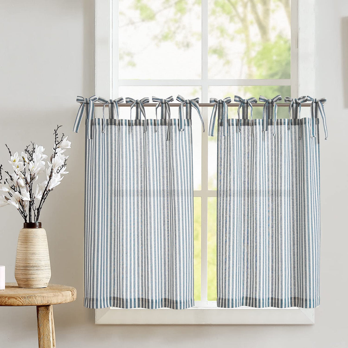jinchan Striped Linen Kitchen Curtains 36 Inches Length Tier Curtains Farmhouse Modern Cafe Style Small Window Treatments Airy Light Filtering Rod Pocket for Living Room Bathroom 2 Panels Sage Green