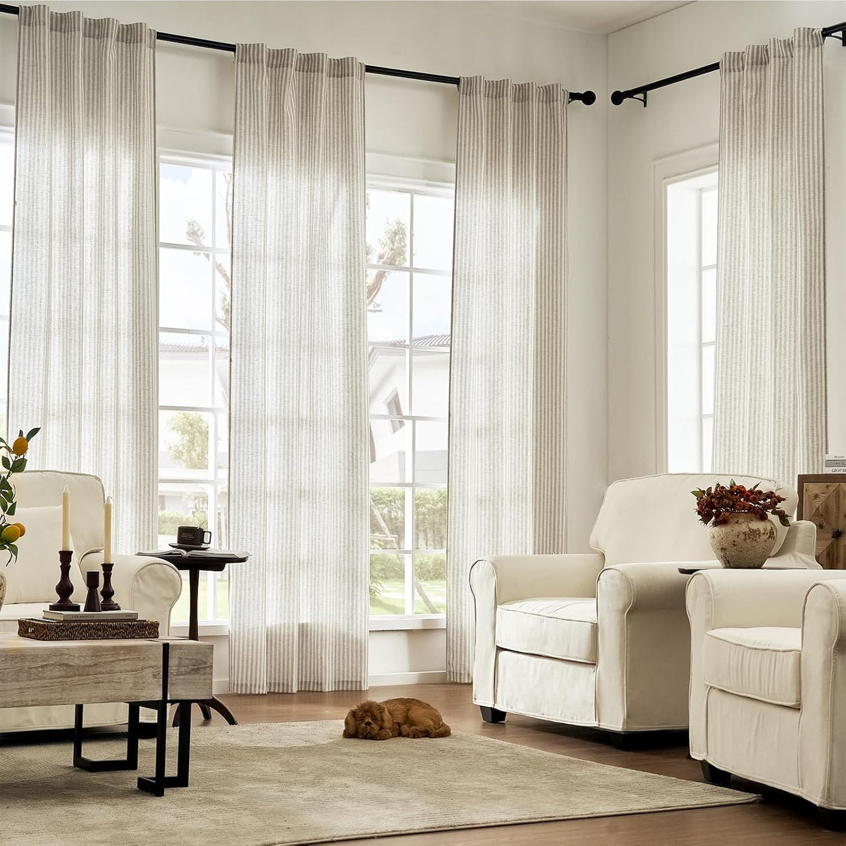 jinchan Linen Curtains 84 Inch Taupe Grey Stripe on Beige Grommet 2 Panels