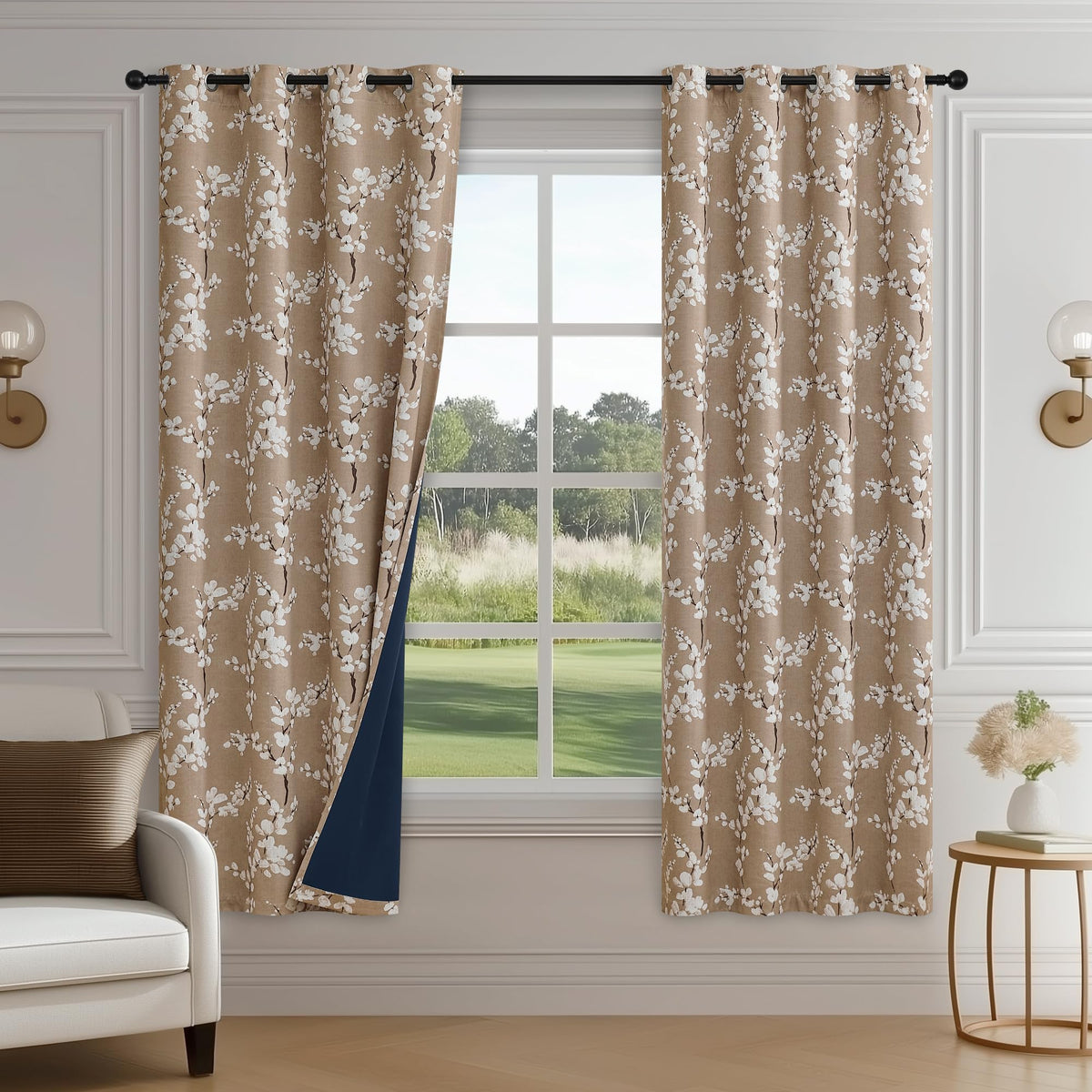 FMFUNCTEX Blue Blackout Floral Curtains, Bedroom, 100X84 Inches, 1 Panel