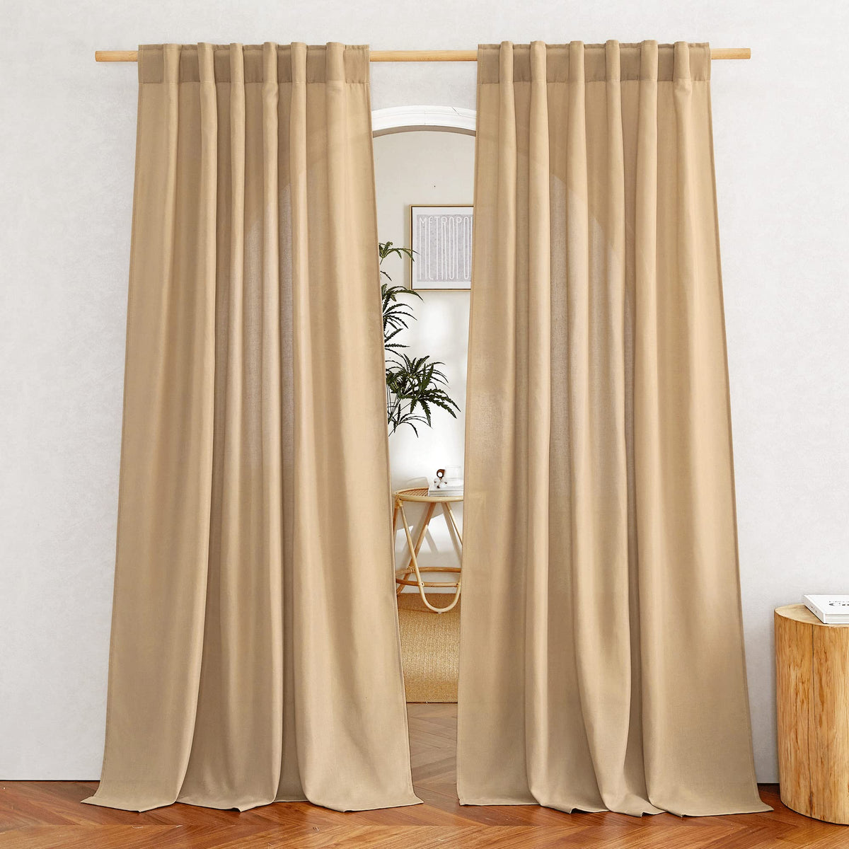 NICETOWN Flax Sheer Linen Curtains for Living Room 95 inch Long 2 Panels, Rod Pocket & Back Tab Semi Sheer Drapes Privacy Added with Light Filtering for Bedroom/Living Room, Natural, W55 x L95