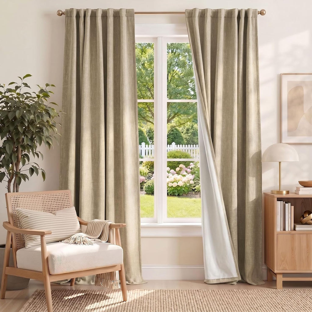 jinchan Burlap Look Curtains Blackout Curtains for Bedroom Lined Linen Textured Look Drapes for Living Room 84 Inches Long French Country Farmhouse Window 2 Panels Tan Drapes