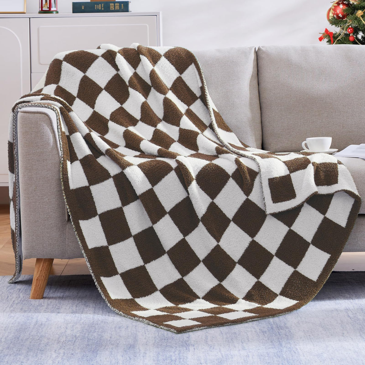WRENSONGE Soft Checkered Throw Blanket for Couch-Cozy Warm Knitted Blankets
