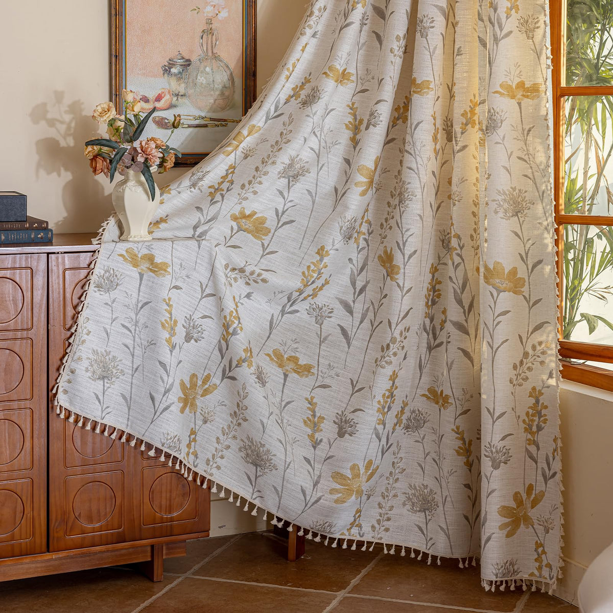 ENJOYBRIDAL Floral Curtains 84 Inch Long Living Room Boho Drapes Bedroom 2 Panels Semi Sheer Floor Length Window Curtain Panels Vintage Rod Pocket Tassel Farmhouse Nursery Window Treatments