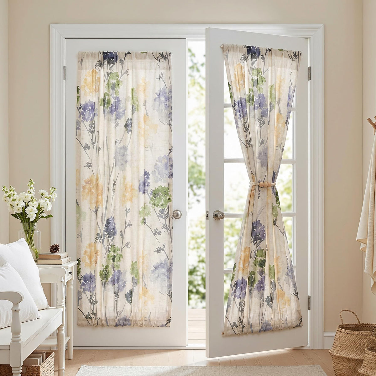 MYSKY HOME Floral Curtains 72 inch for Living Room Linen Semi Sheer Light Filtering Privacy Protect Lightweight Drapes Decor Farmhouse Soft Touch for Dining Room, Yellow, 52" Wide, 2 Panels
