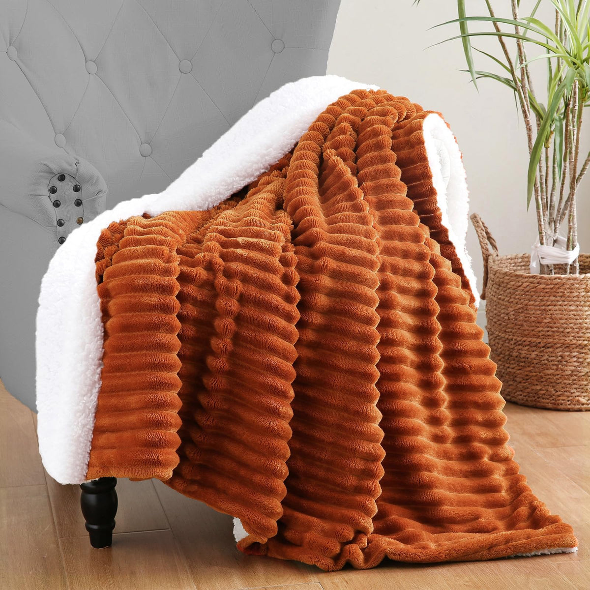 Burnt Orange Sherpa Fleece Throw Blanket 50”×60”Double-sided for Couch