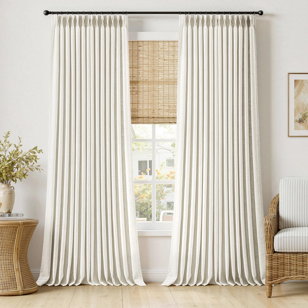 MIULEE Pinch Pleated Linen Curtains 96 Inches Long Beige White 2 Panels