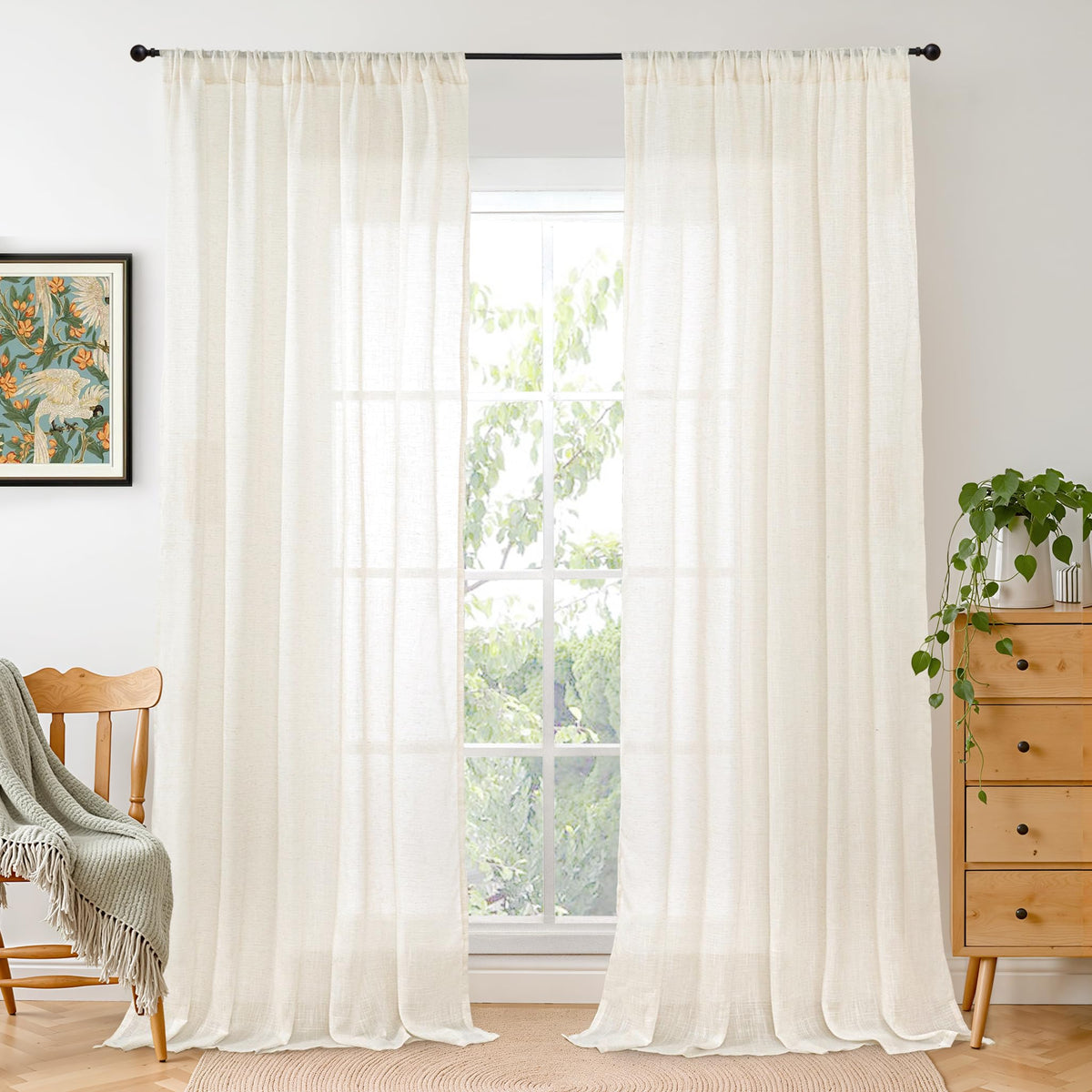 BGment Tan Linen Curtains 84 Inch Length 2 Panels Burlap Semi Sheer Drapes