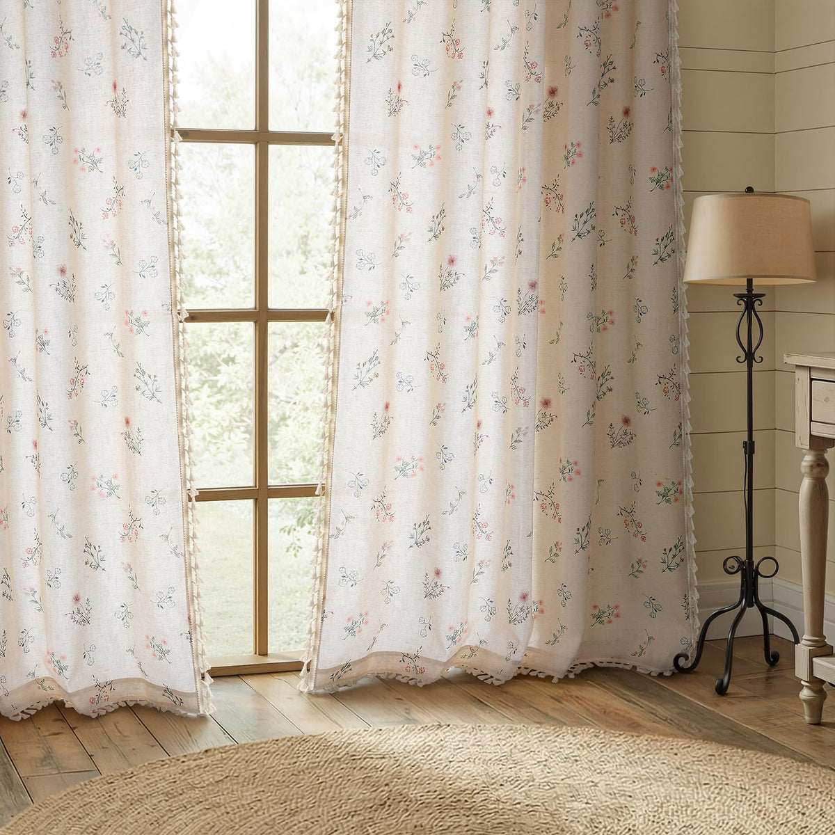 Boho Floral 100% Blackout Curtains 84 Inch 2 Panels Linen Texture