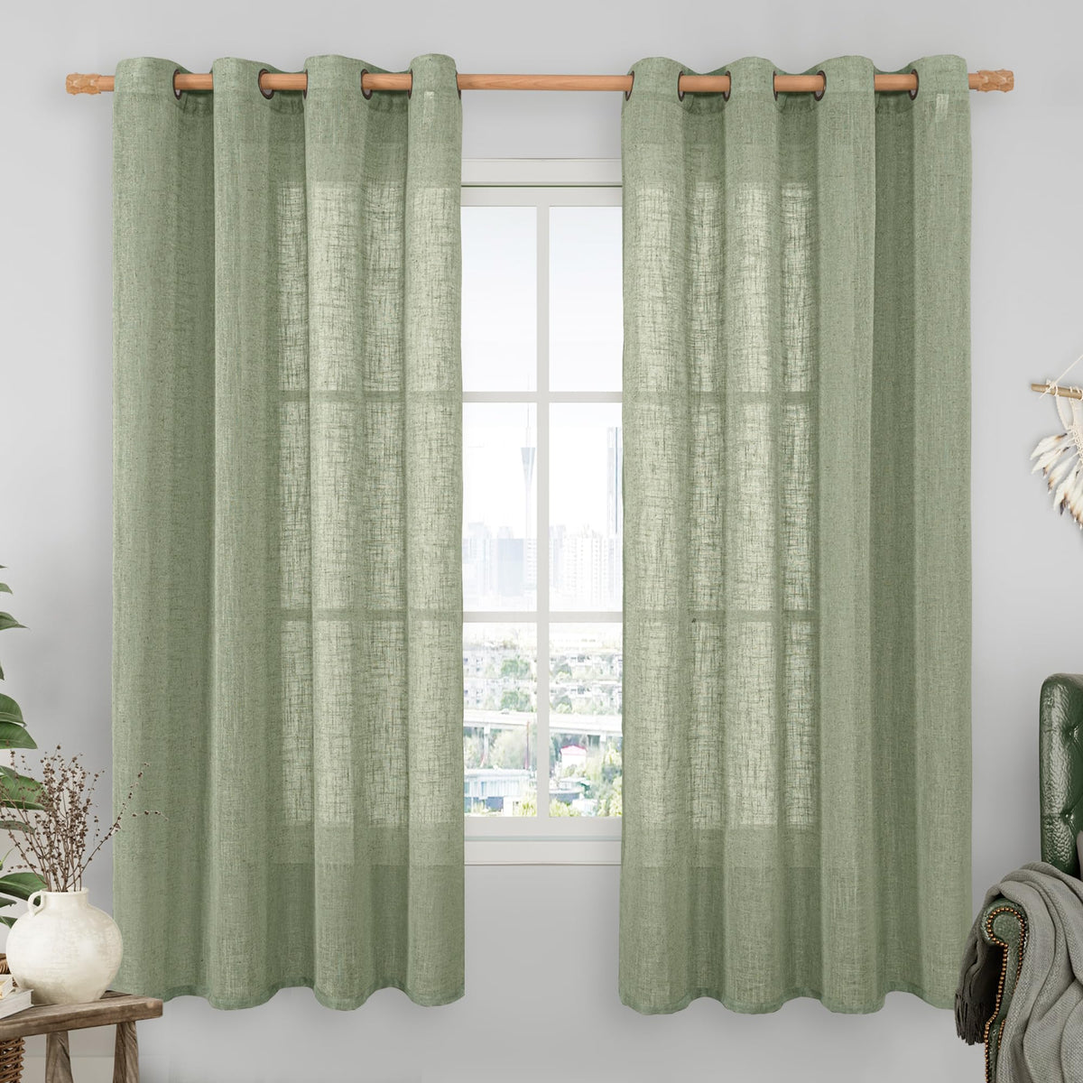 LAMIT Cream Ivory Linen Semi Sheer Curtains 84 inch Length for Bedroom