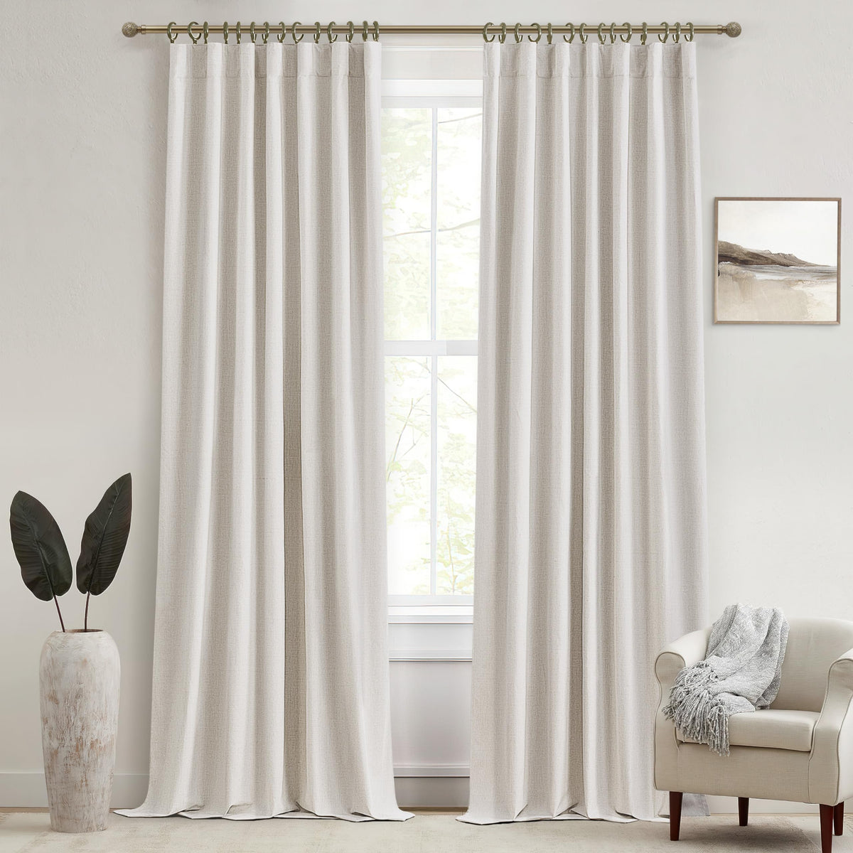 100% Blackout Curtains 84 Inch Length 2 Panels Set Farmhouse Style for Bedroom Windows/Living Room Thermal Insulated Neutral Boho Drapes Linen Blend Natural Ivory 7ft Long Hook Belt Pleated/Back Tab