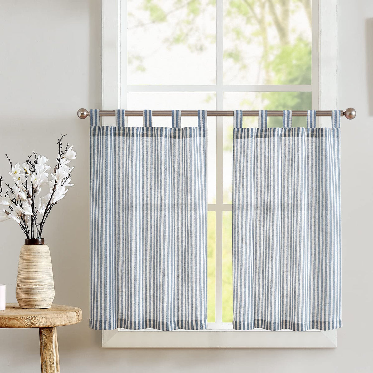 jinchan Striped Linen Kitchen Curtains 36 Inches Length Tier Curtains Farmhouse Modern Cafe Style Small Window Treatments Airy Light Filtering Rod Pocket for Living Room Bathroom 2 Panels Sage Green