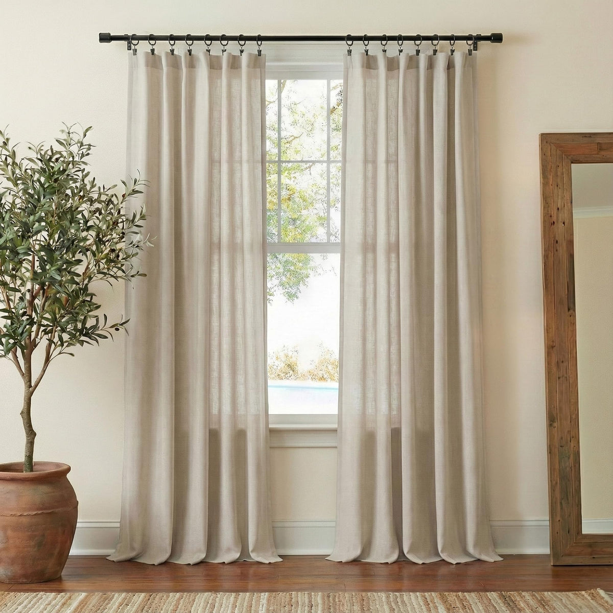 NICETOWN Flax Sheer Linen Curtains for Living Room 95 inch Long 2 Panels, Rod Pocket & Back Tab Semi Sheer Drapes Privacy Added with Light Filtering for Bedroom/Living Room, Natural, W55 x L95