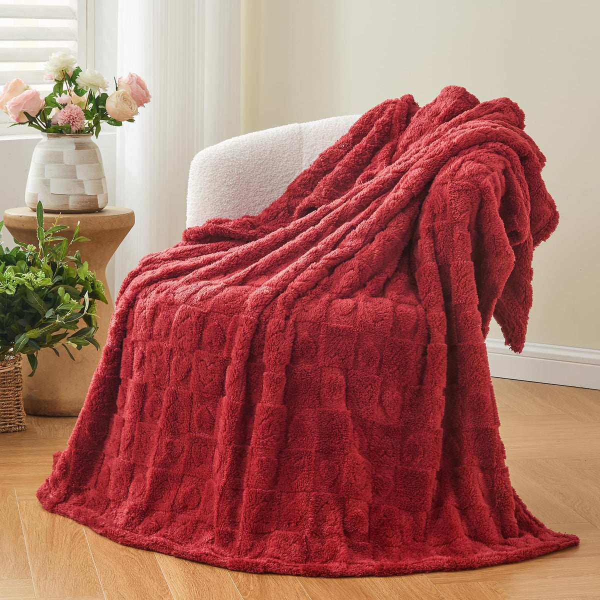 NEWCOSPLAY 3D Checkered Flannel Throw Blanket, Ivory Checkered, 50"x70"