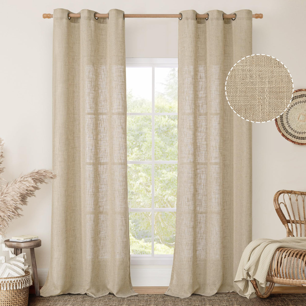 LAMIT Cream Ivory Linen Semi Sheer Curtains 84 inch Length for Bedroom