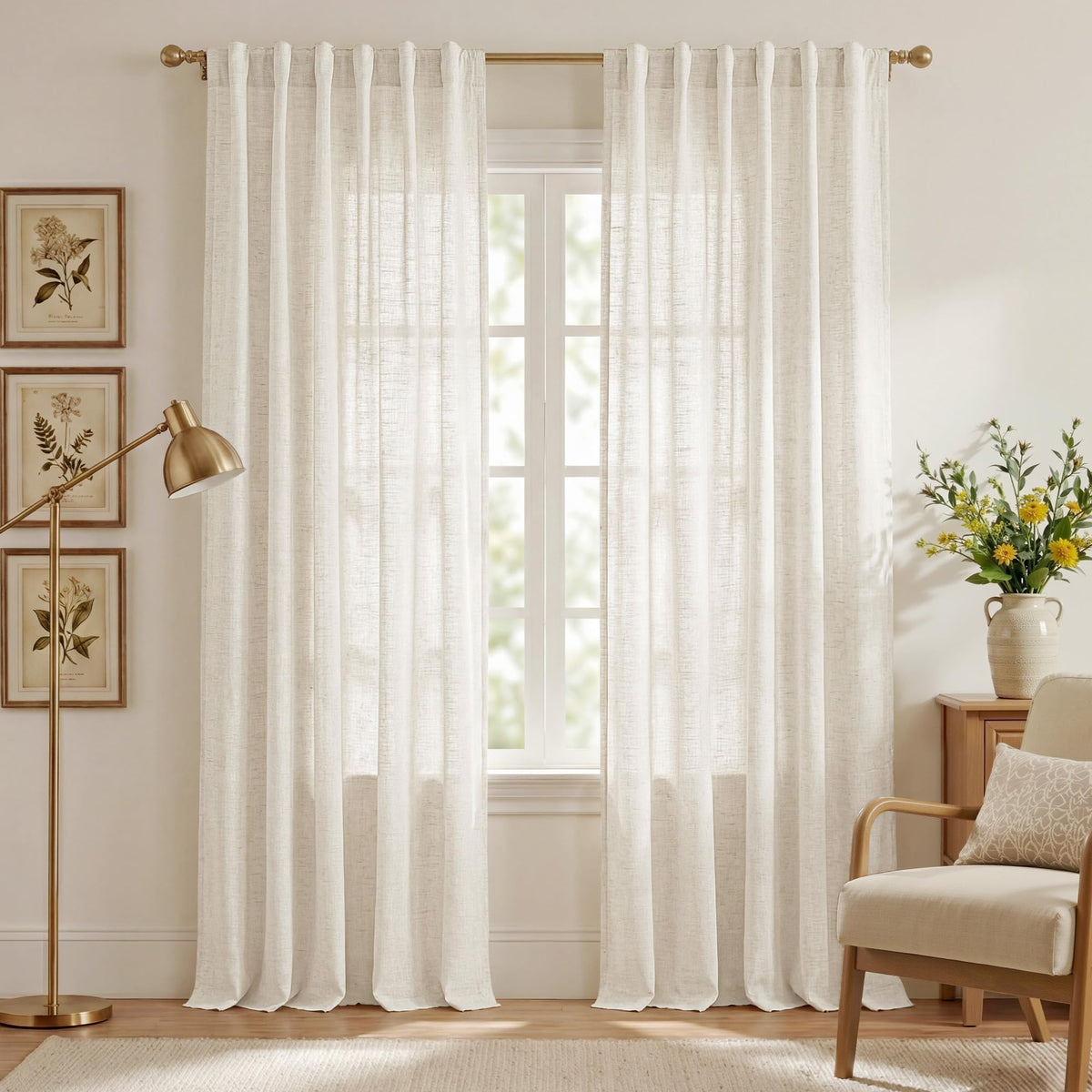 NICETOWN White Linen Sheer Curtains and Drapes 84 inches Long, Rod Pocket & Back Tab semitransparent with Light Through Vertical Window Treatments for Sliding Glass Door & Living Room, 52"W, Set of 2