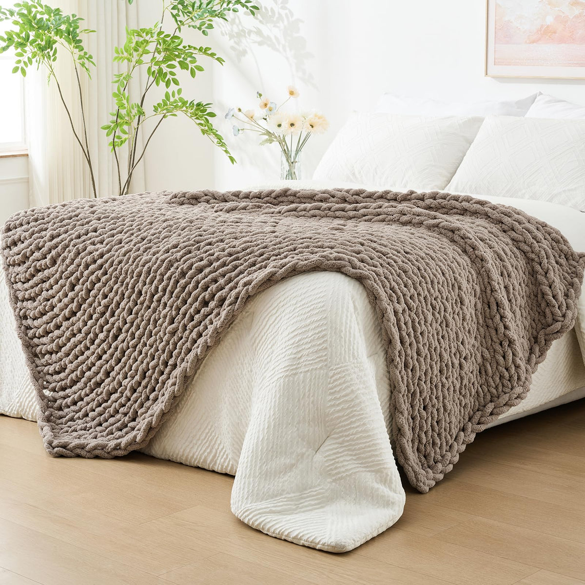 Bigacogo Chunky Knit Throw Blanket for Couch, 40x60 inches, Beige