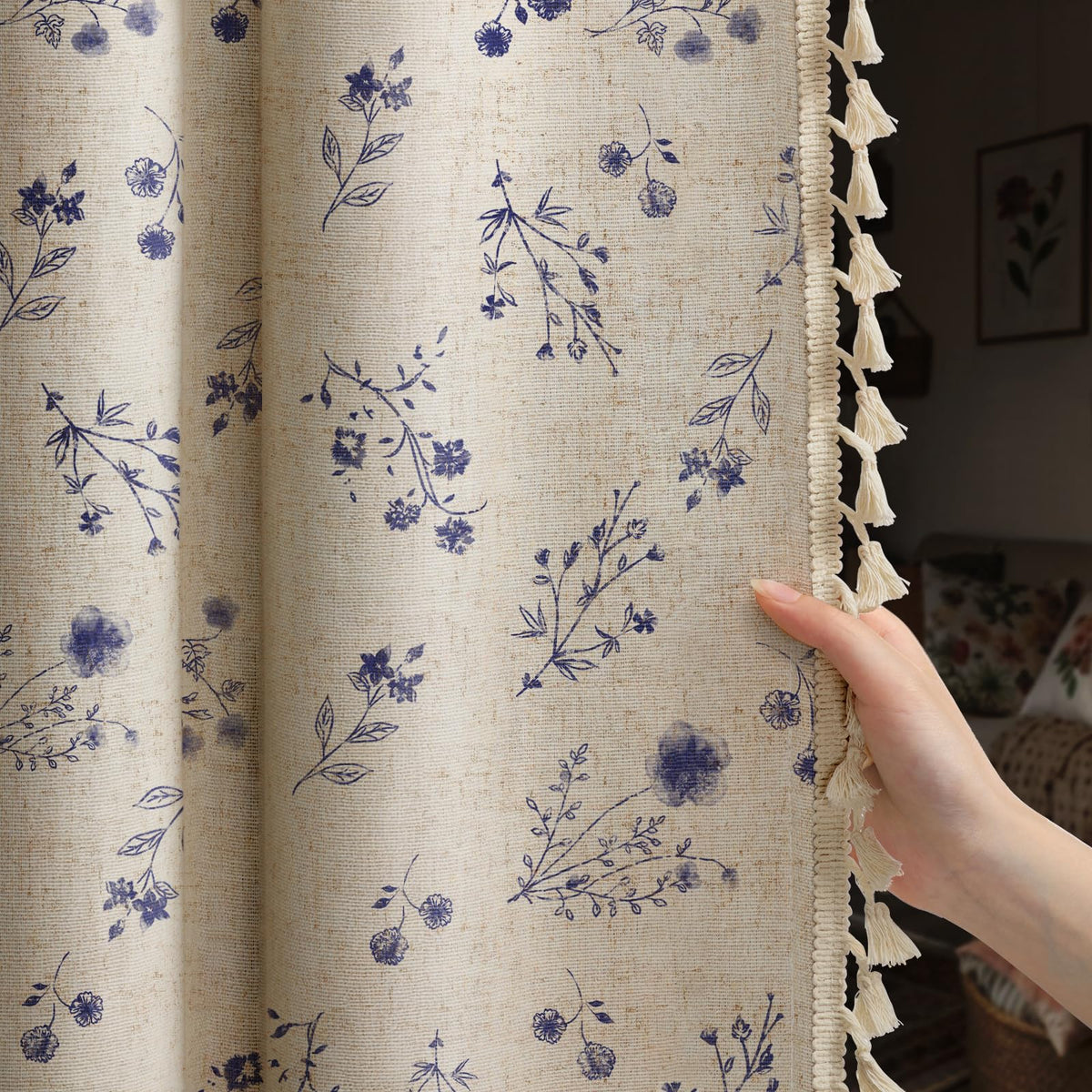 Boho Floral 100% Blackout Curtains 84 Inch 2 Panels Linen Texture