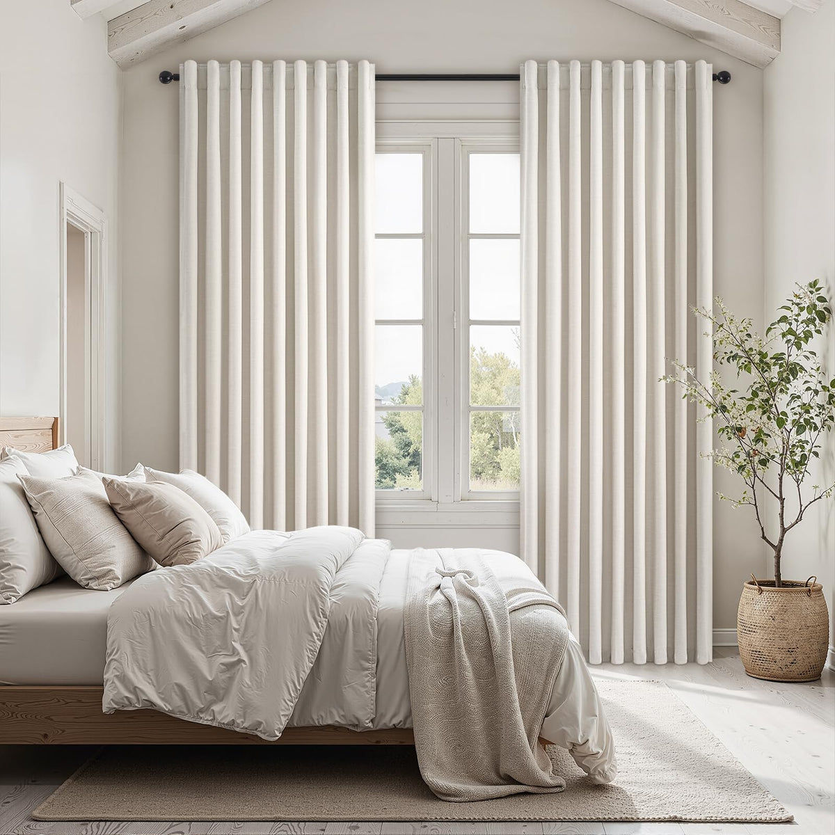 Topfinel Linen Blackout Curtains 96 Inch Long, Boho Farmhouse Ivory Birch Viral Drapes Pinch Pleated Curtains with Hooks for Living Room, Neutral 8 FT Back Tab Bedroom Curtains 52" X 96" 2 Panels