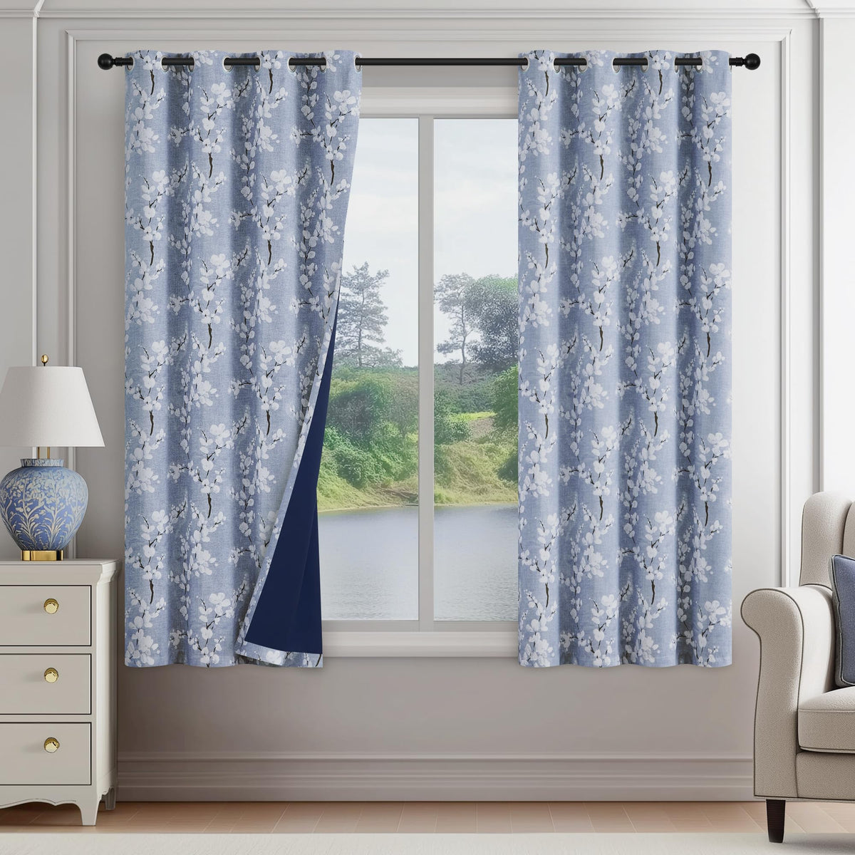 FMFUNCTEX Blue Blackout Floral Curtains, Bedroom, 100X84 Inches, 1 Panel