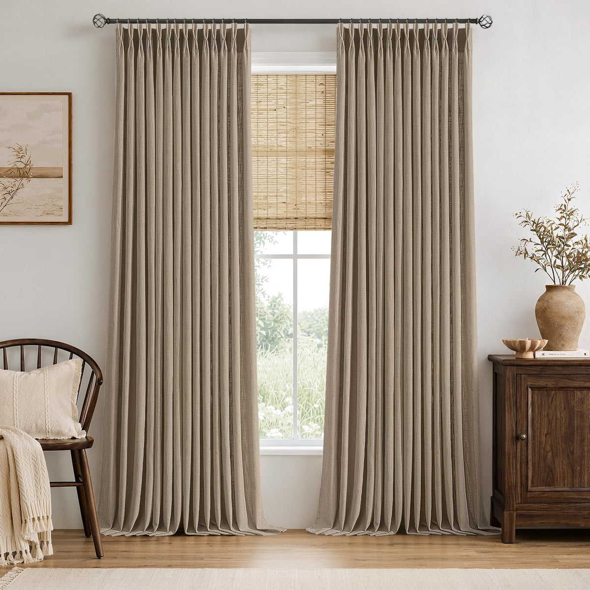 MIULEE Pinch Pleated Linen Curtains 96 Inches Long Beige White 2 Panels