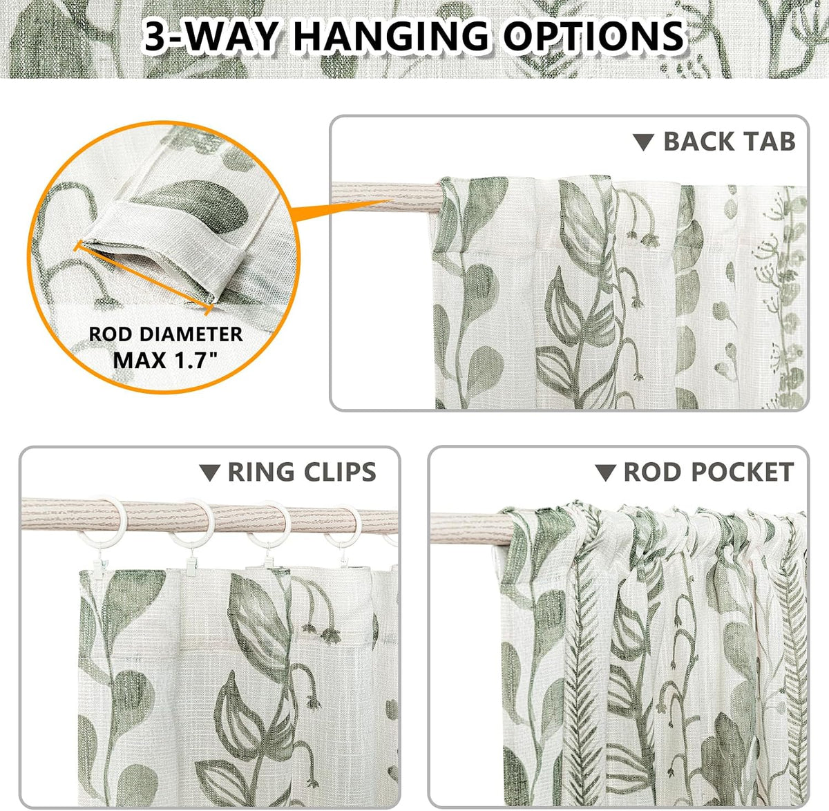 MEETSKY Sage Green Curtains 72 Inches Long 2 Panels Boho Curtains for Living Room Light Filtering Patterned Drapes for Bedroom Linen Style Back Tab Leaf Print Window Treatment, 50” Wide Each Panel