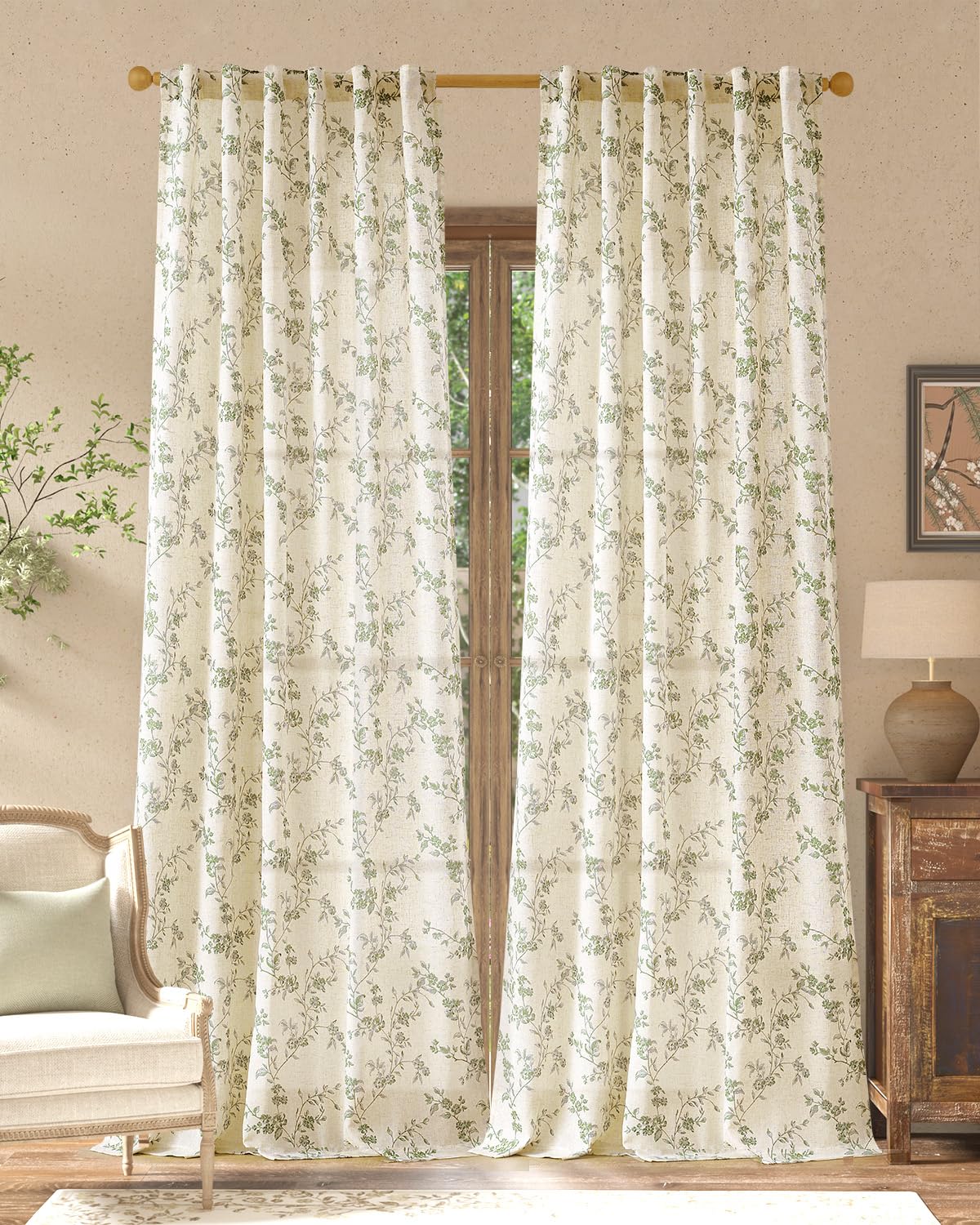 jinchan Taupe Floral Linen Curtains 84 Inch Farmhouse Back Tab 2 Panels