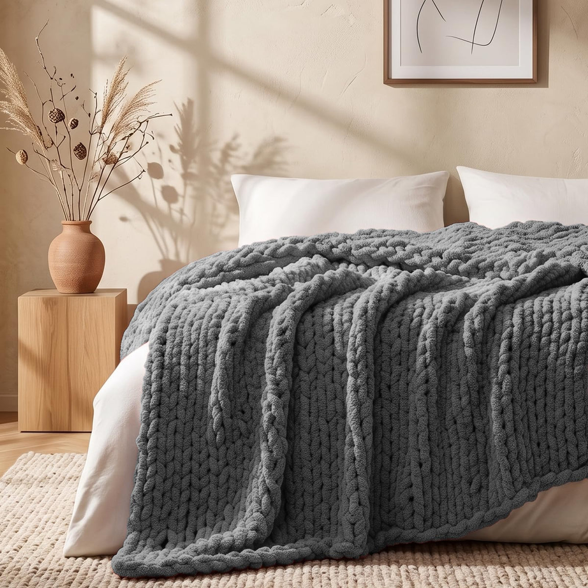 L'AGRATY Chunky Knit Throw Blanket for Couch, 50'' x 60'' Knit Throw, Ivory