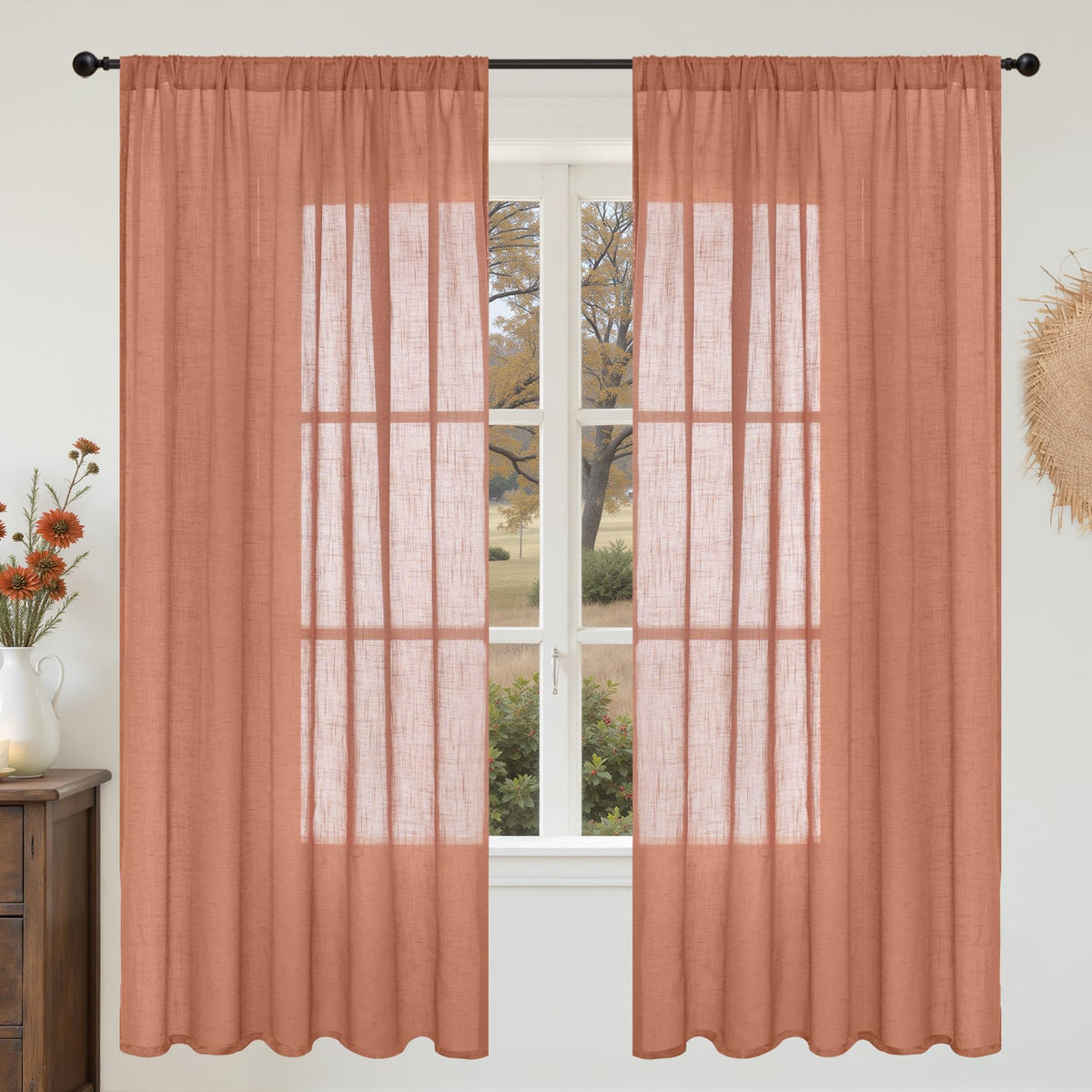 BGment Tan Linen Curtains 84 Inch Length 2 Panels Burlap Semi Sheer Drapes