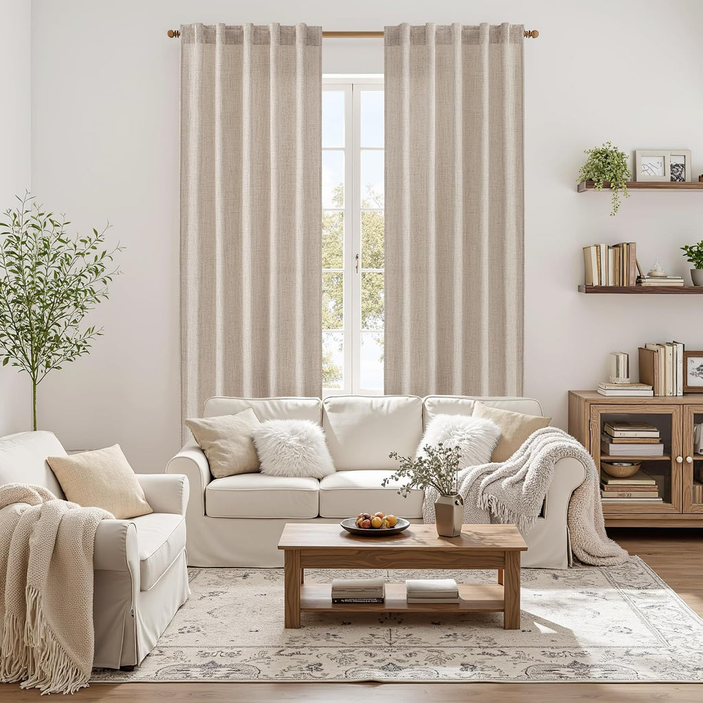 MIULEE Faux Linen Curtains 90 Inch Length 2 Panels Natural Semi Sheer Curtain with Back Tab Rod Pocket, Light Filtering Window Privacy Burlap Drapes for Living Room Bedroom 42W x 90L Linen