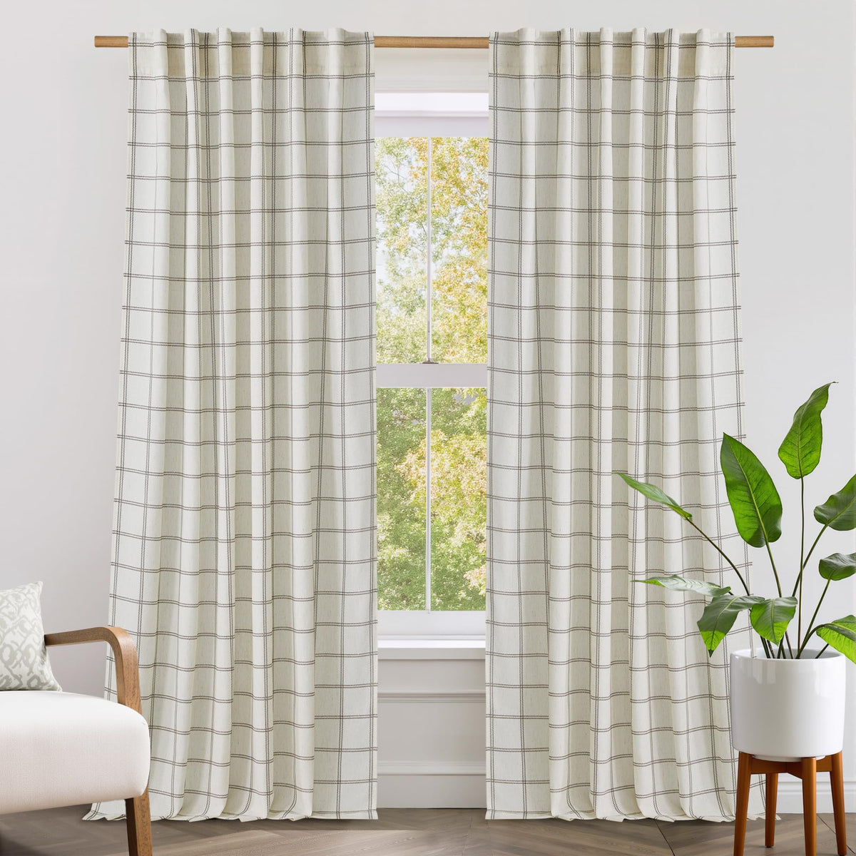 NICETOWN Moss Green Linen Plaid Curtains 96 inches Long for Bedroom