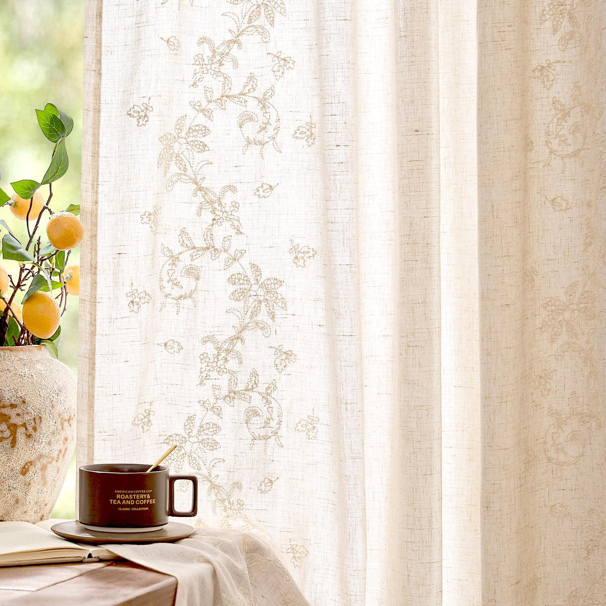 jinchan Floral Linen Curtains 84 Inch Farmhouse Back Tab 2 Panels