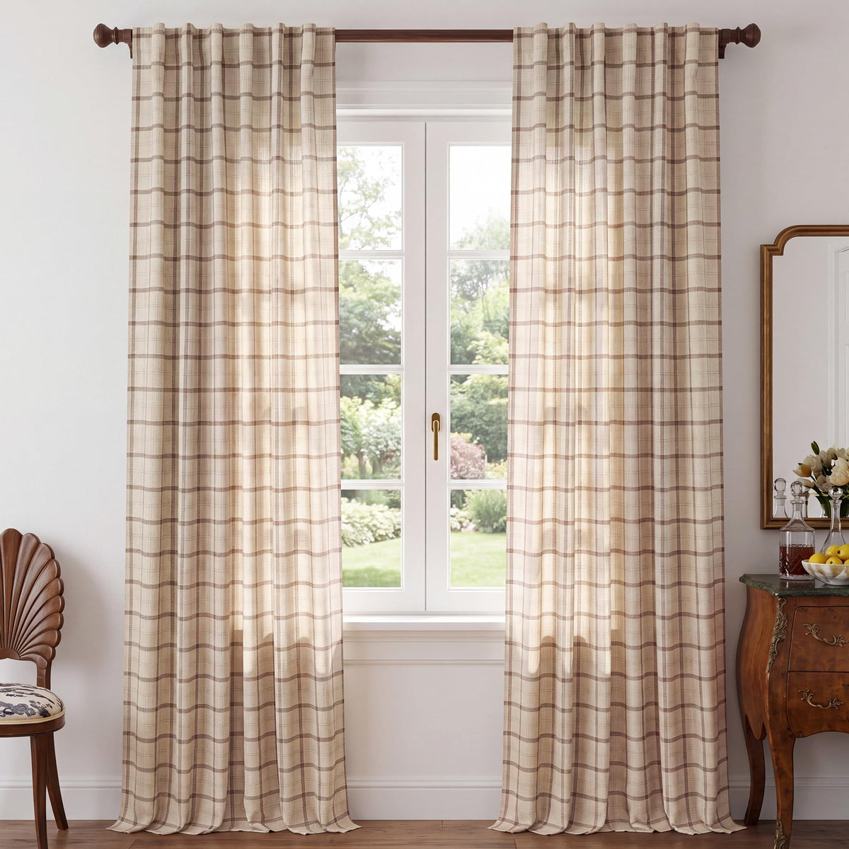 NICETOWN Moss Green Linen Plaid Curtains 96 inches Long for Bedroom