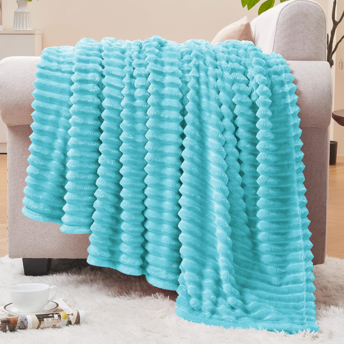 BEDELITE 3D Ribbed Jacquard Pink Fleece Throw Blanket for Couch, 50x60 Inch
