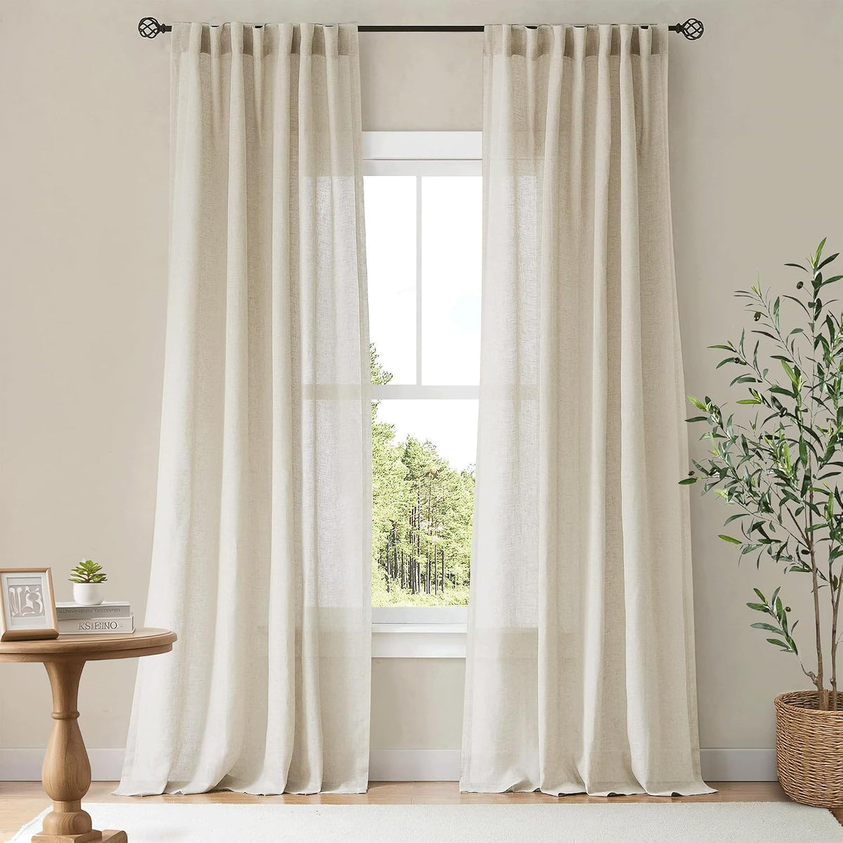 NICETOWN Flax Sheer Linen Curtains for Living Room 95 inch Long 2 Panels, Rod Pocket & Back Tab Semi Sheer Drapes Privacy Added with Light Filtering for Bedroom/Living Room, Natural, W55 x L95