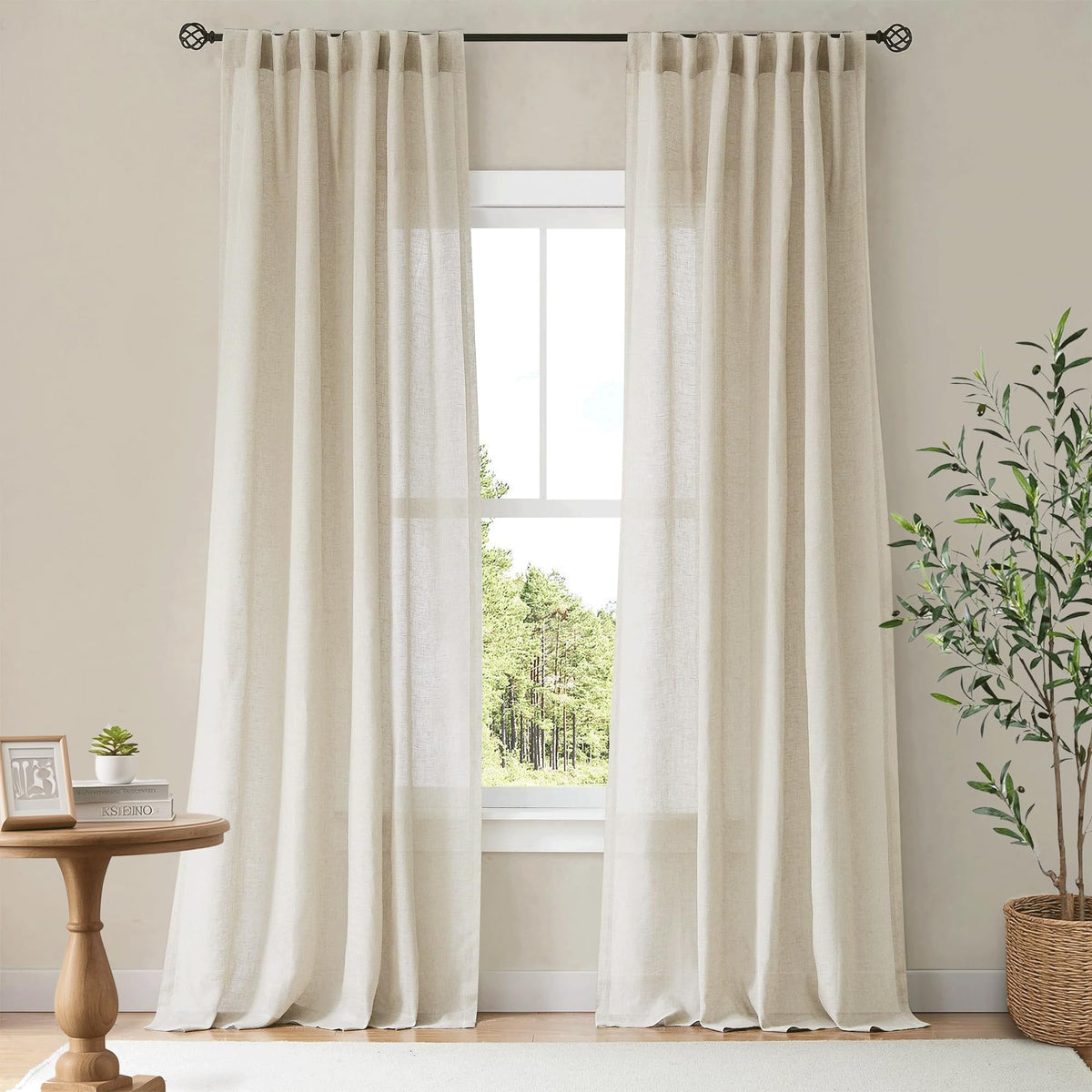 NICETOWN Flax Sheer Linen Curtains for Living Room 95 inch Long 2 Panels, Rod Pocket & Back Tab Semi Sheer Drapes Privacy Added with Light Filtering for Bedroom/Living Room, Natural, W55 x L95
