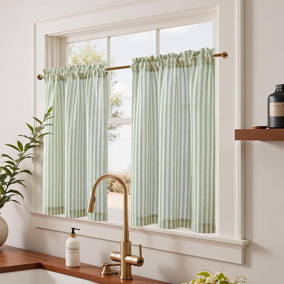 jinchan Striped Linen Kitchen Curtains 36 Inches Length Tier Curtains Farmhouse Modern Cafe Style Small Window Treatments Airy Light Filtering Rod Pocket for Living Room Bathroom 2 Panels Sage Green