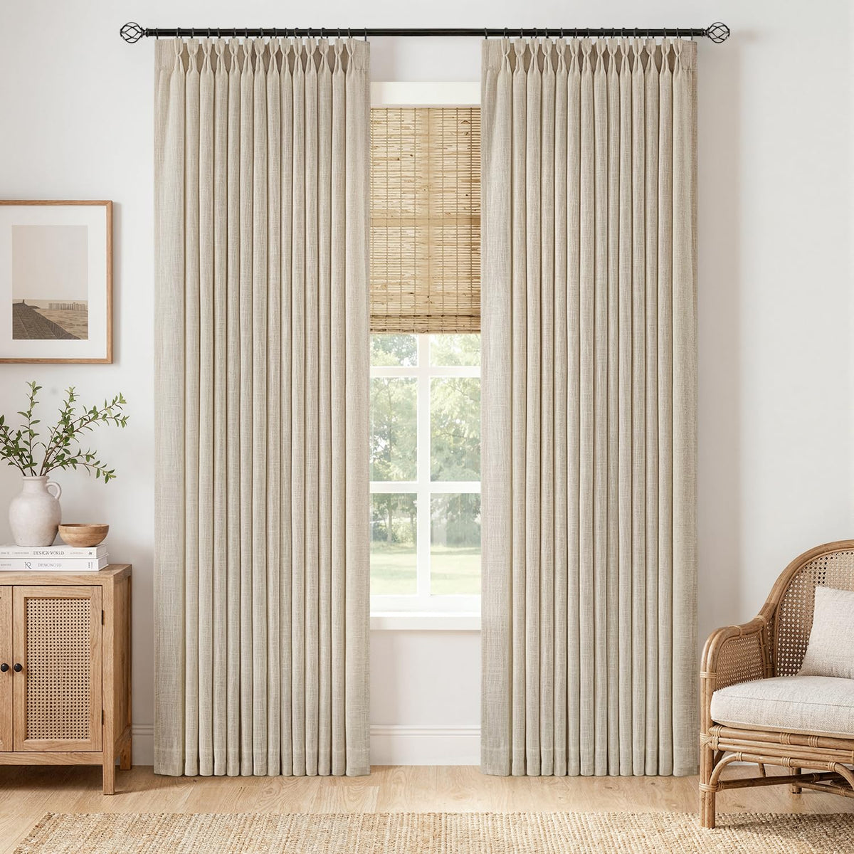 MIULEE Pinch Pleated Linen Curtains 96 Inches Long Beige White 2 Panels
