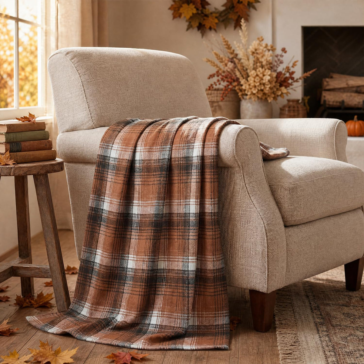 Horaldaily Rust Plaid Fall Decorative Throw Blanket 50x60