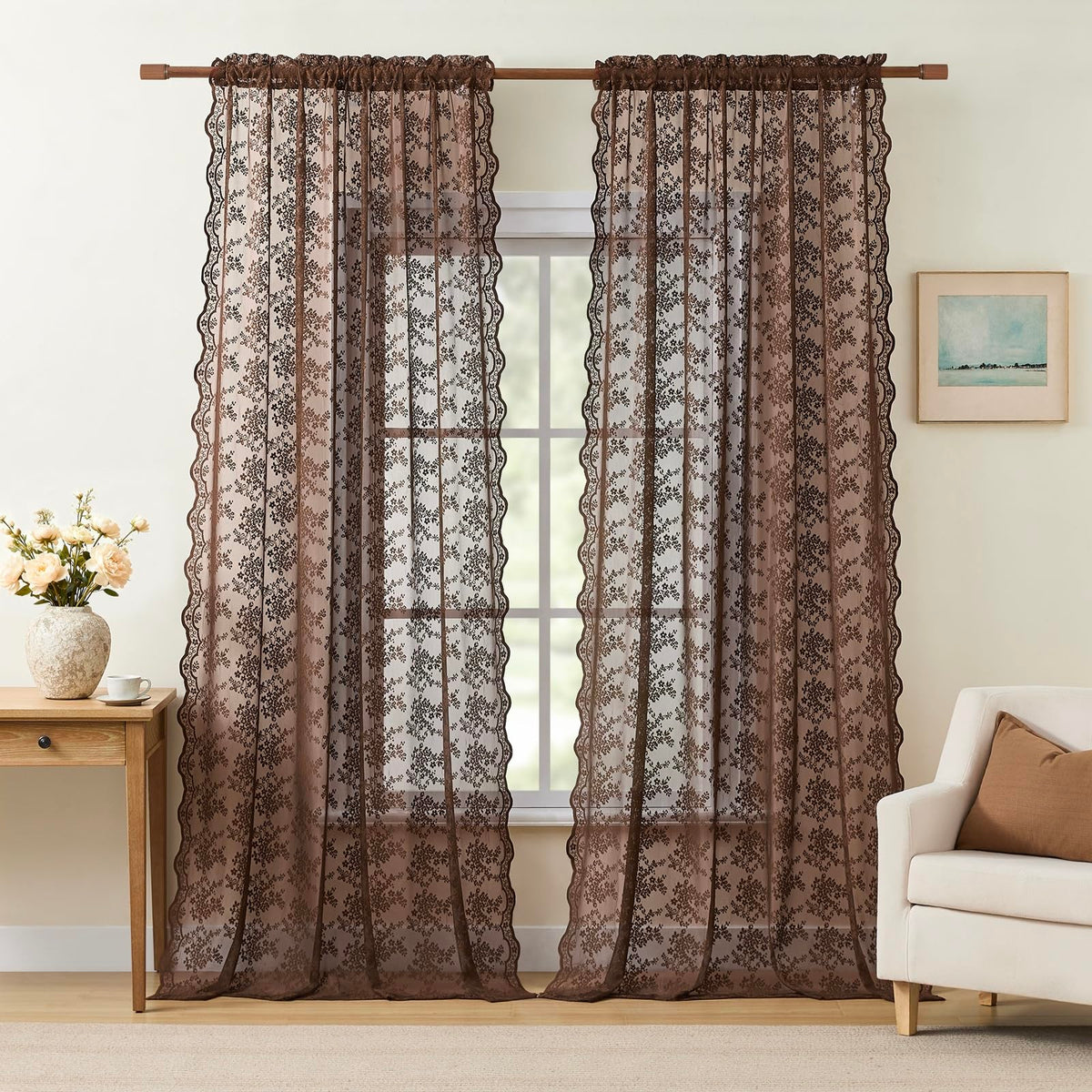 YJ YANJUN Vintage Lace Curtains 84 Inches Long-Victorian Floral Pattern Ivory Sheer Curtain Panels for Living Room Bedroom French Door, Light Filtering Drapes, 2 Panels 52W x 84L Cream