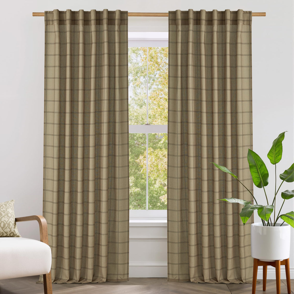 NICETOWN Moss Green Linen Plaid Curtains 96 inches Long for Bedroom