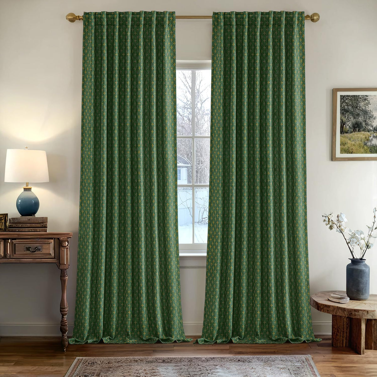 MIULEE Patterned Farmhouse Linen Curtains, Back Tab, 52Wx84L, Blue