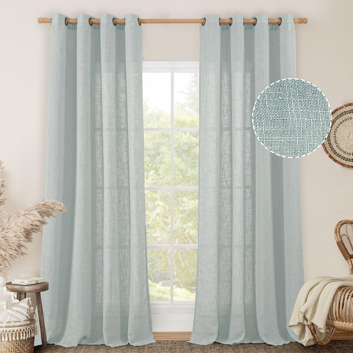 LAMIT Cream Ivory Linen Semi Sheer Curtains 84 inch Length for Bedroom