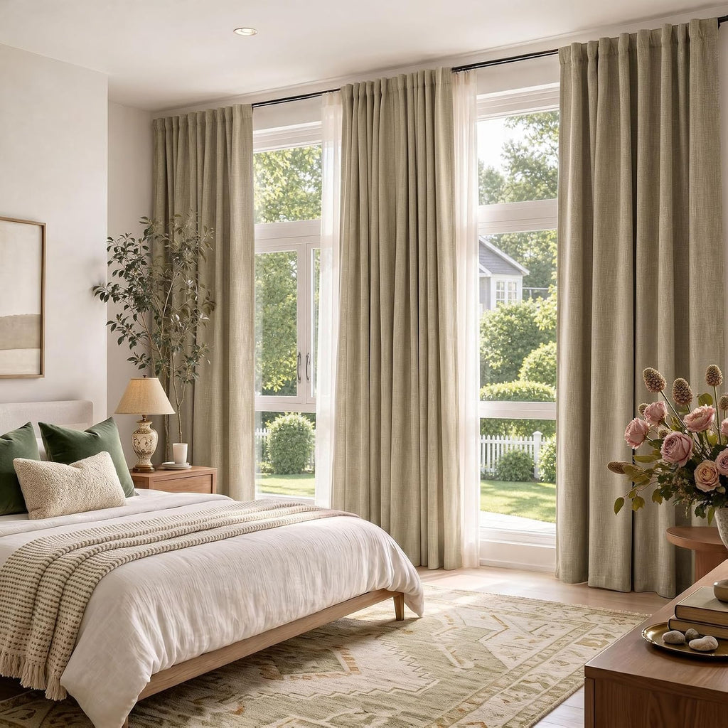 jinchan Burlap Look Curtains Blackout Curtains for Bedroom Lined Linen Textured Look Drapes for Living Room 84 Inches Long French Country Farmhouse Window 2 Panels Tan Drapes