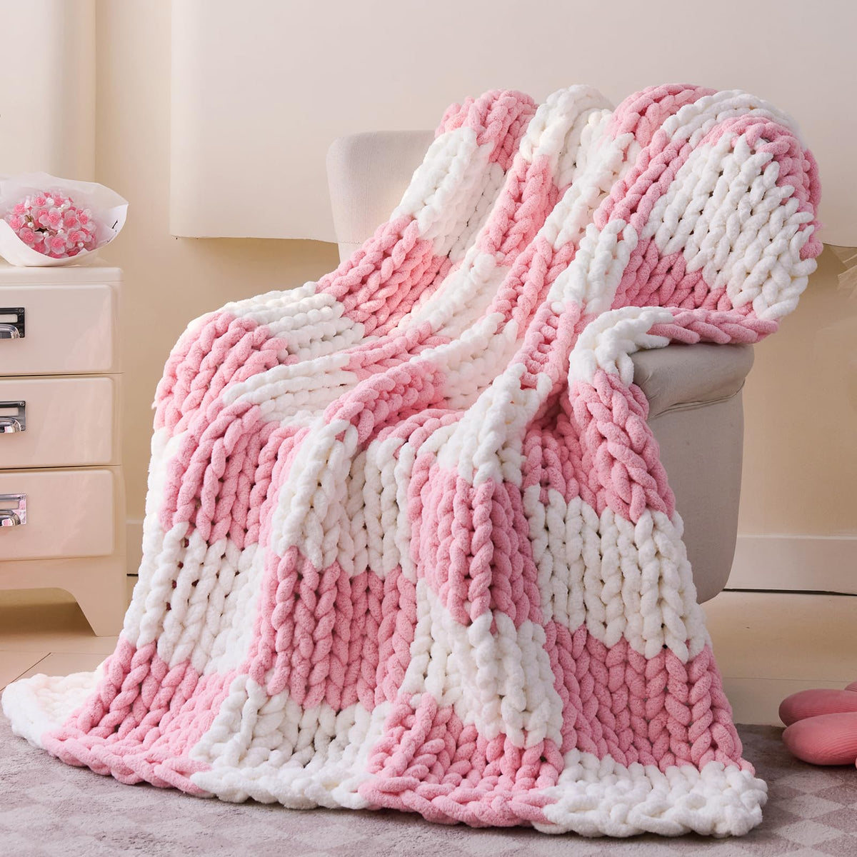 Chunky Knit Blanket Throw for Couch, 51"x63" Chunky Yarn Knitted Blankets