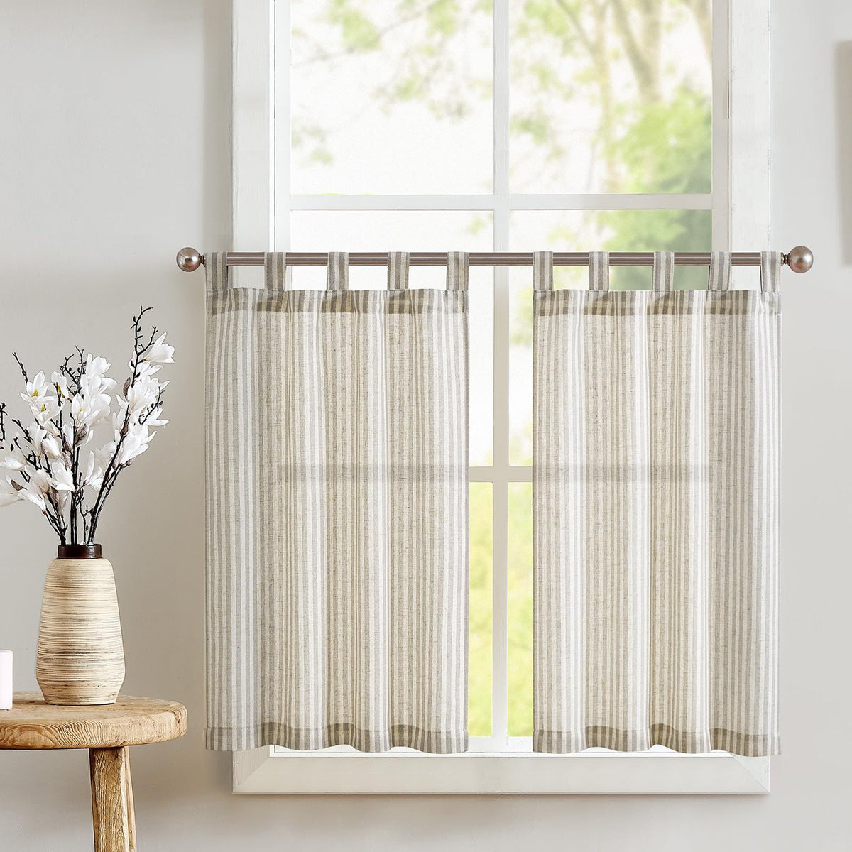 jinchan Striped Linen Kitchen Curtains 36 Inches Length Tier Curtains Farmhouse Modern Cafe Style Small Window Treatments Airy Light Filtering Rod Pocket for Living Room Bathroom 2 Panels Sage Green