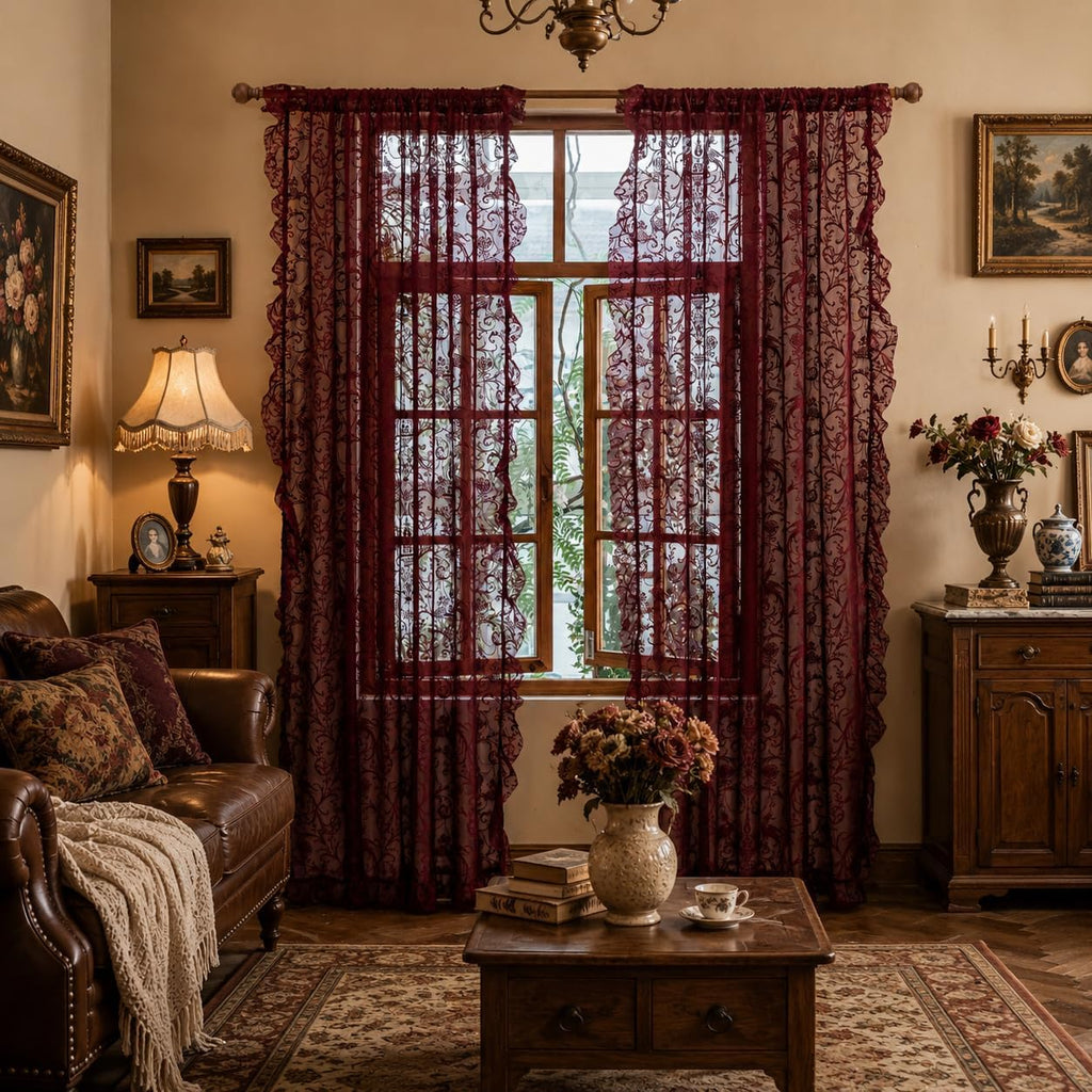 TUDECO Lace Maroon Curtains 96 Inches Long 1 Pair - French Floral Sheer Burgundy Curtains for Living Room, Art Decor Rod Pocket Ruffled Edges Dark Wine Red Drapes, 59 x 96 Inch, Burgundy